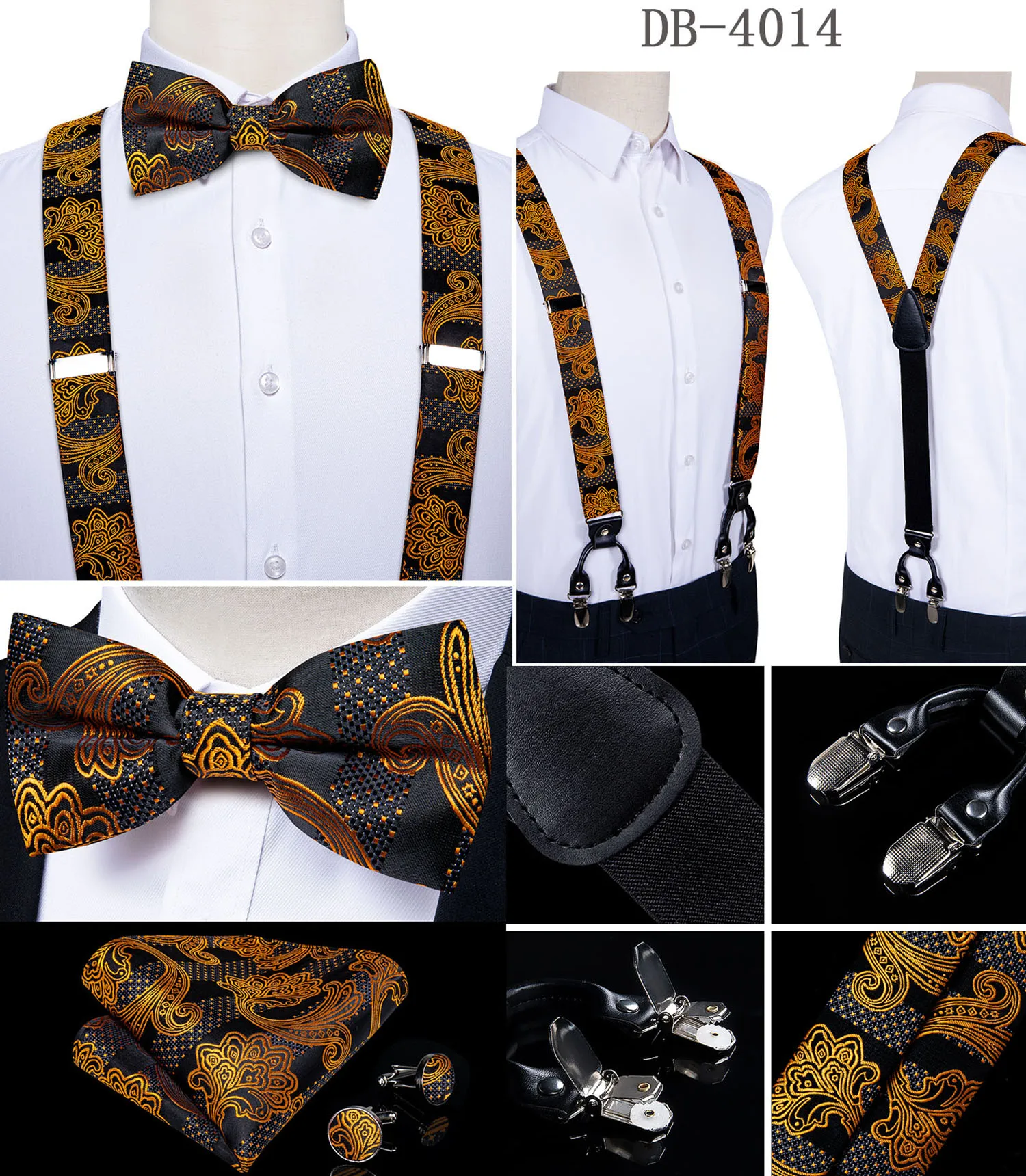 Fashion Men's Suspenders Bow Tie Pocket Square Set Classic 6 Clips Y Shape Suspenders For Wedding Party DiBanGu