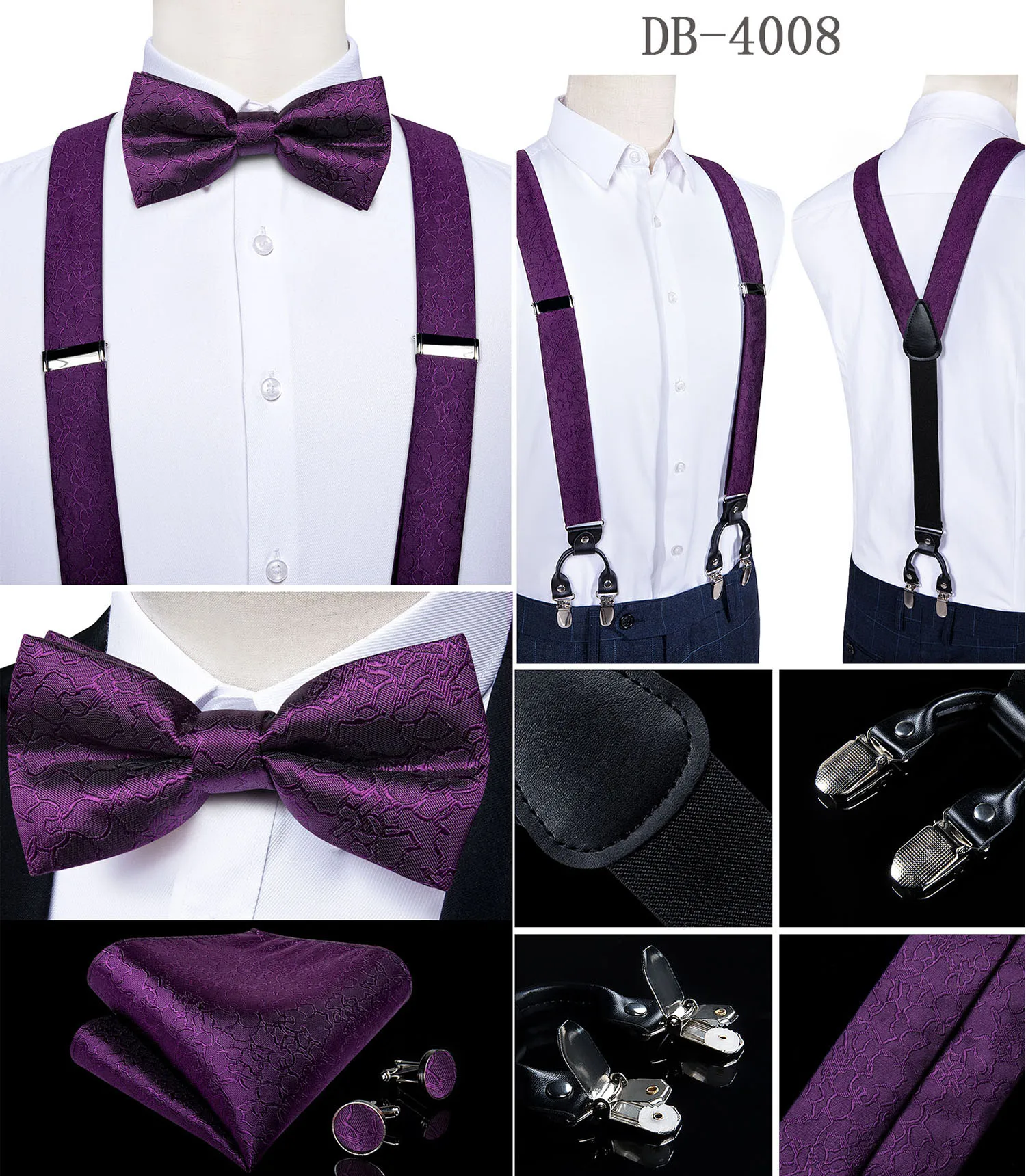 Fashion Men's Suspenders Bow Tie Pocket Square Set Classic 6 Clips Y Shape Suspenders For Wedding Party DiBanGu
