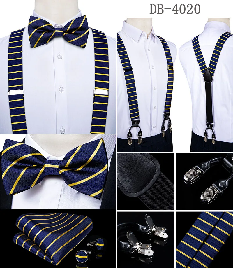 Fashion Men's Suspenders Bow Tie Pocket Square Set Classic 6 Clips Y Shape Suspenders For Wedding Party DiBanGu