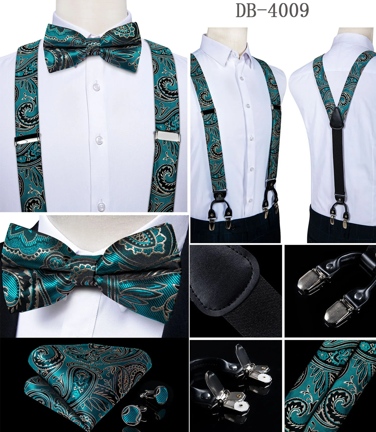 Fashion Men's Suspenders Bow Tie Pocket Square Set Classic 6 Clips Y Shape Suspenders For Wedding Party DiBanGu