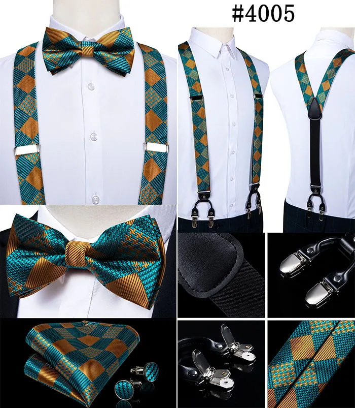 Fashion Men's Suspenders Bow Tie Pocket Square Set Classic 6 Clips Y Shape Suspenders For Wedding Party DiBanGu
