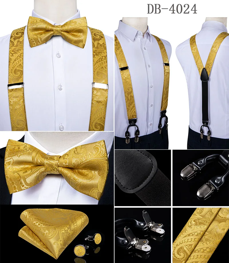 Fashion Men's Suspenders Bow Tie Pocket Square Set Classic 6 Clips Y Shape Suspenders For Wedding Party DiBanGu