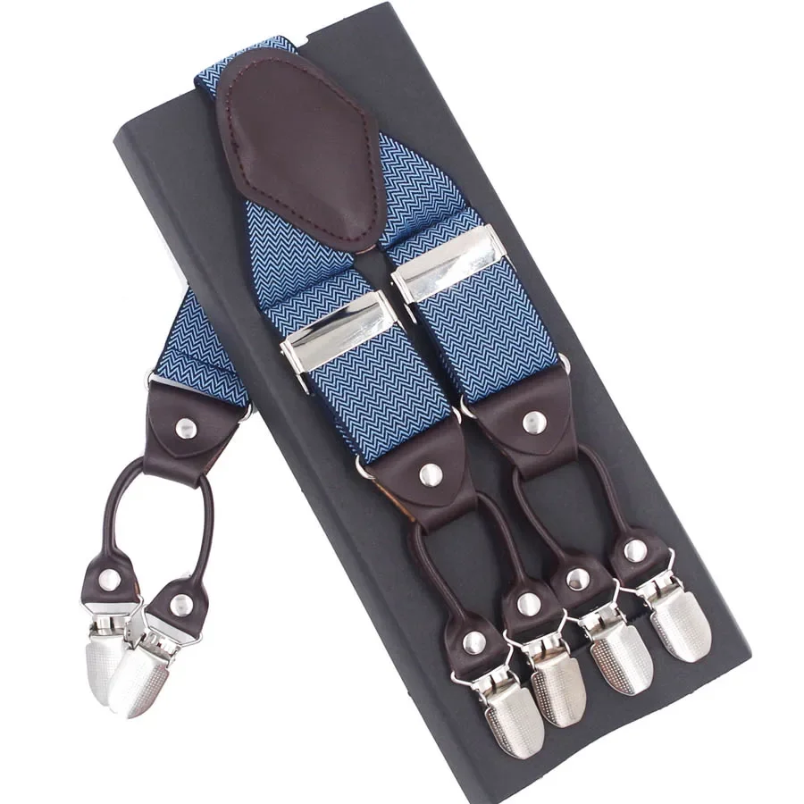 New Men's Suspenders 6clips Fashion Braces Leather Casual Suspensorios Adjustable Belt Strap High Quality Tirantes