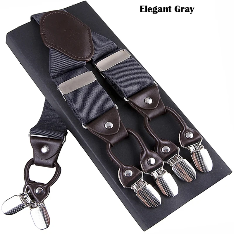 New Men's Suspenders 6clips Fashion Braces Leather Casual Suspensorios Adjustable Belt Strap High Quality Tirantes
