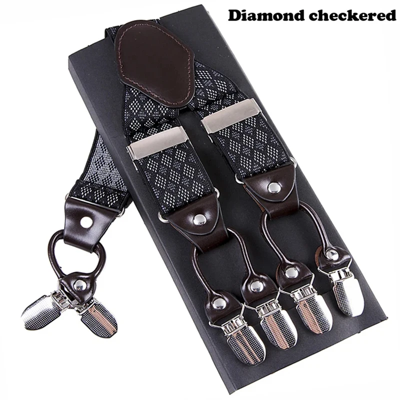 New Men's Suspenders 6clips Fashion Braces Leather Casual Suspensorios Adjustable Belt Strap High Quality Tirantes