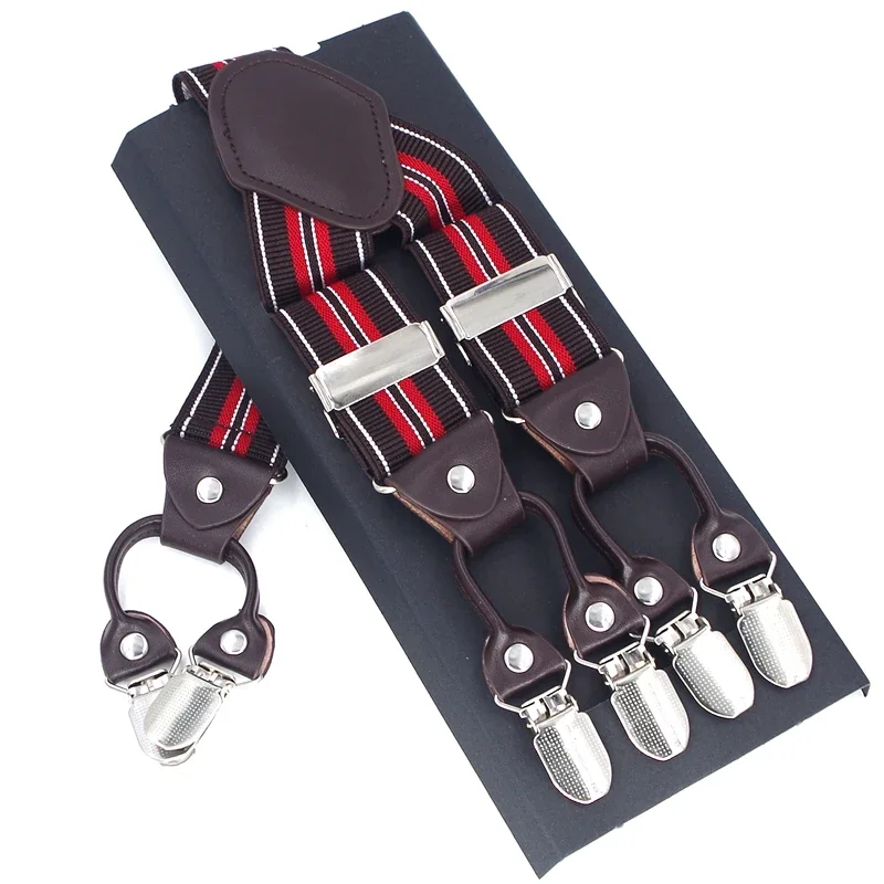 New Men's Suspenders 6clips Fashion Braces Leather Casual Suspensorios Adjustable Belt Strap High Quality Tirantes
