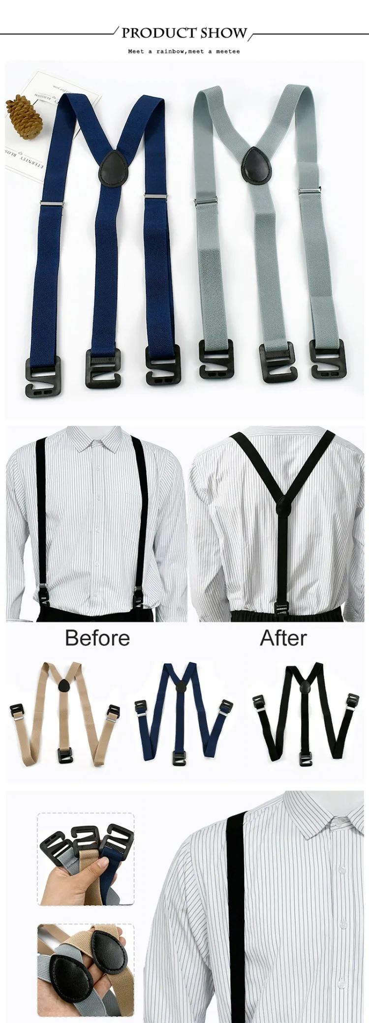 1Pc Deepeel 2.5cm Adult Men's Suspenders Harness Man Invisible 3 Clip Braces Elastic Adjust Strap Suspender Men for Shirts Pants
