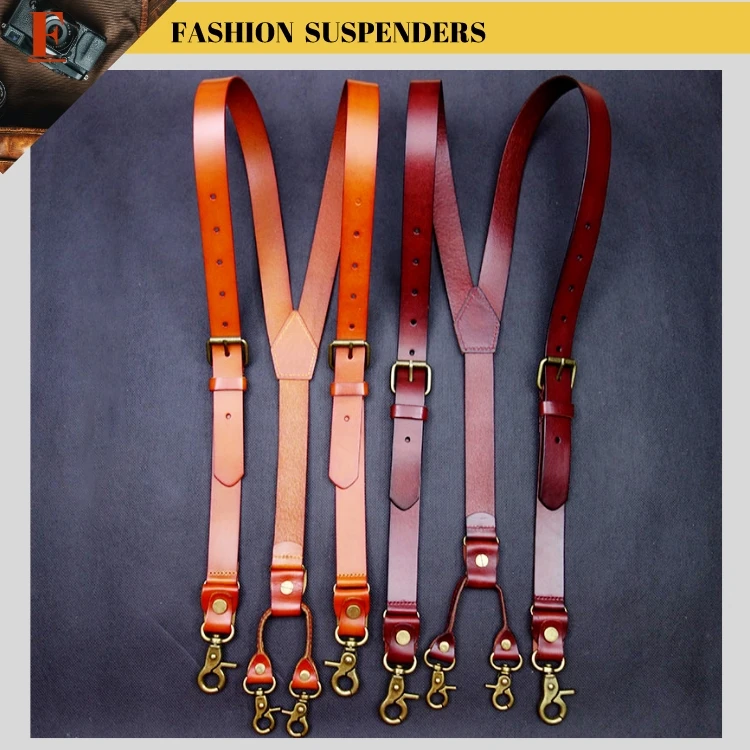 2.4*145CM Vintage Leather Men's Suspenders 4-Hook Y-Back Suspenders For Men's Pants Braces Man Women Men's Slip Suspender