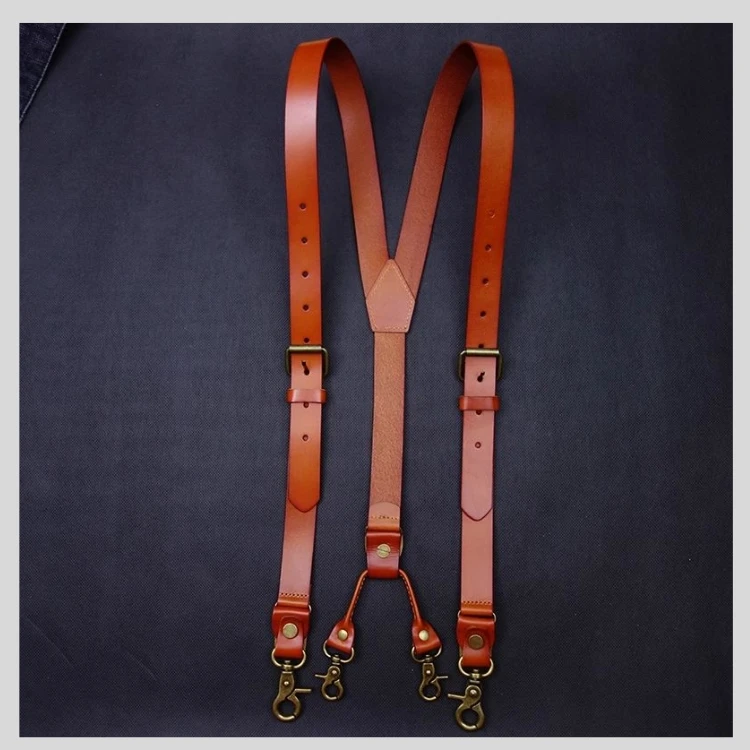 2.4*145CM Vintage Leather Men's Suspenders 4-Hook Y-Back Suspenders For Men's Pants Braces Man Women Men's Slip Suspender
