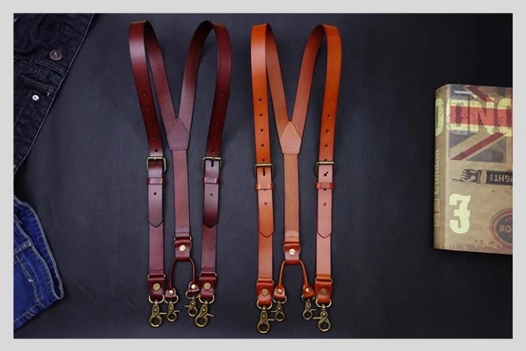 2.4*145CM Vintage Leather Men's Suspenders 4-Hook Y-Back Suspenders For Men's Pants Braces Man Women Men's Slip Suspender