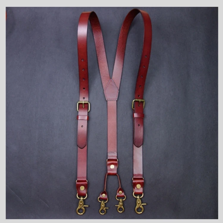 2.4*145CM Vintage Leather Men's Suspenders 4-Hook Y-Back Suspenders For Men's Pants Braces Man Women Men's Slip Suspender