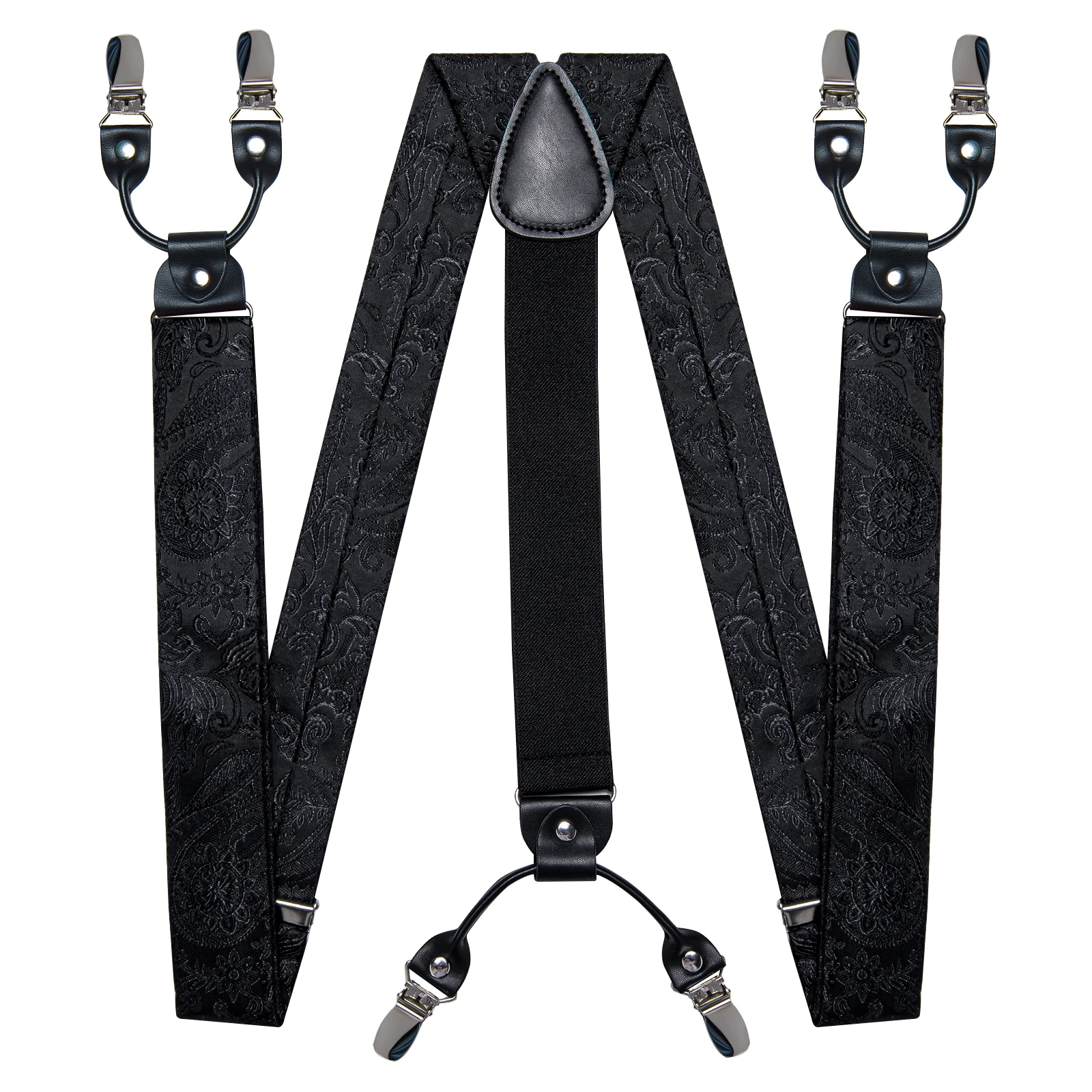 Men's Black Adjustable Suspenders Pre-tied Bowtie Pocket Sqaure Cufflinks Fashion 6 Mental Clips Jacquard Paisley Strapes