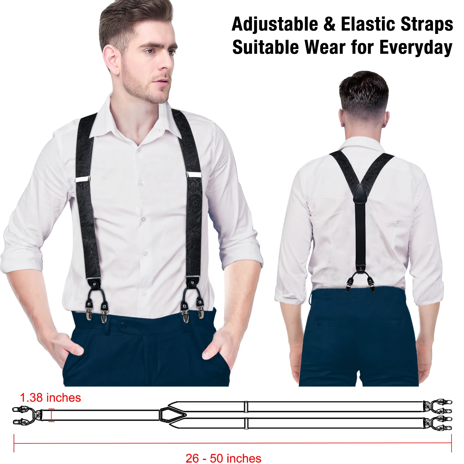 Men's Black Adjustable Suspenders Pre-tied Bowtie Pocket Sqaure Cufflinks Fashion 6 Mental Clips Jacquard Paisley Strapes