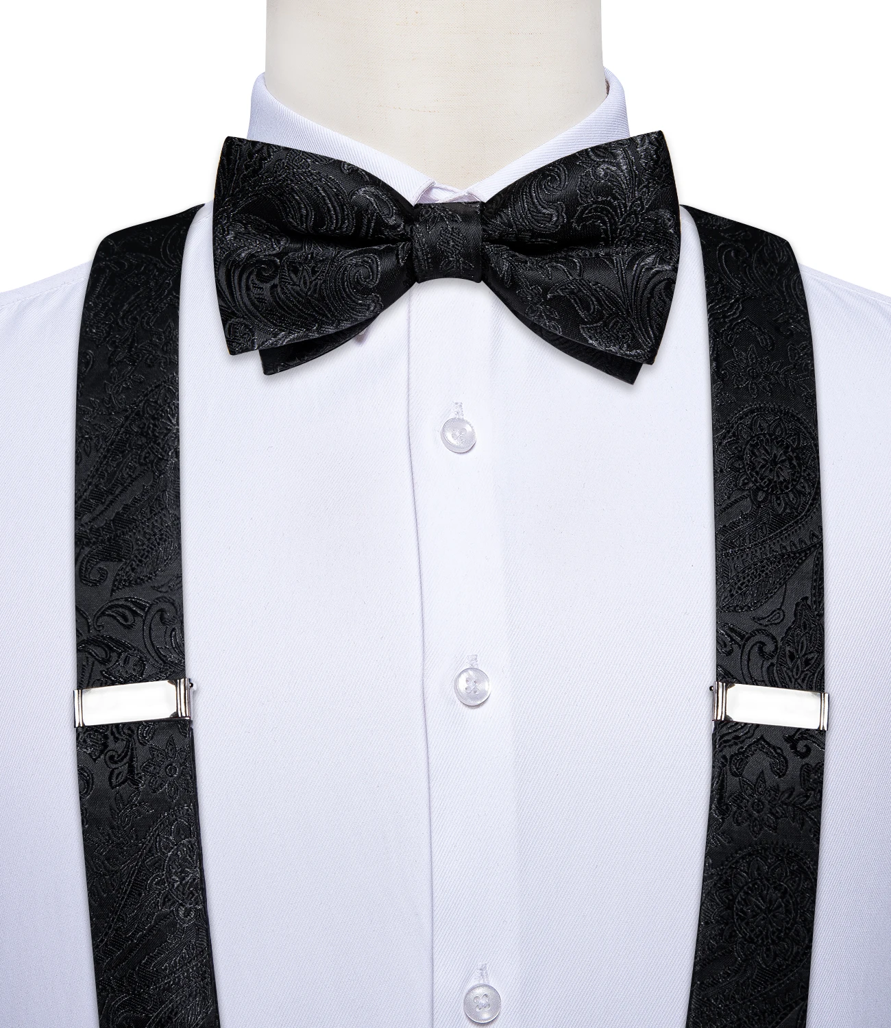 Men's Black Adjustable Suspenders Pre-tied Bowtie Pocket Sqaure Cufflinks Fashion 6 Mental Clips Jacquard Paisley Strapes