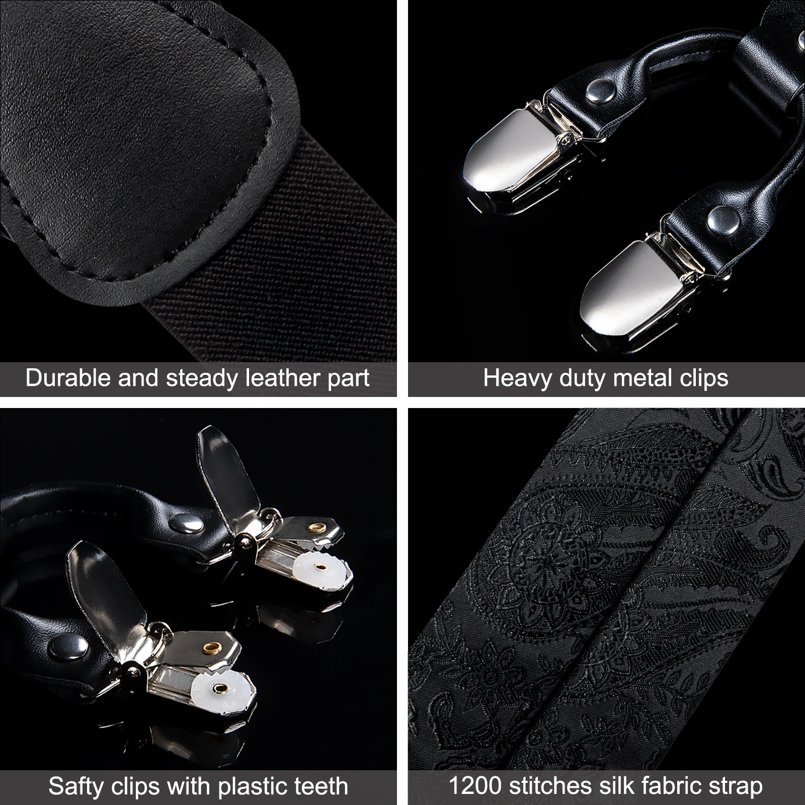 Men's Black Adjustable Suspenders Pre-tied Bowtie Pocket Sqaure Cufflinks Fashion 6 Mental Clips Jacquard Paisley Strapes