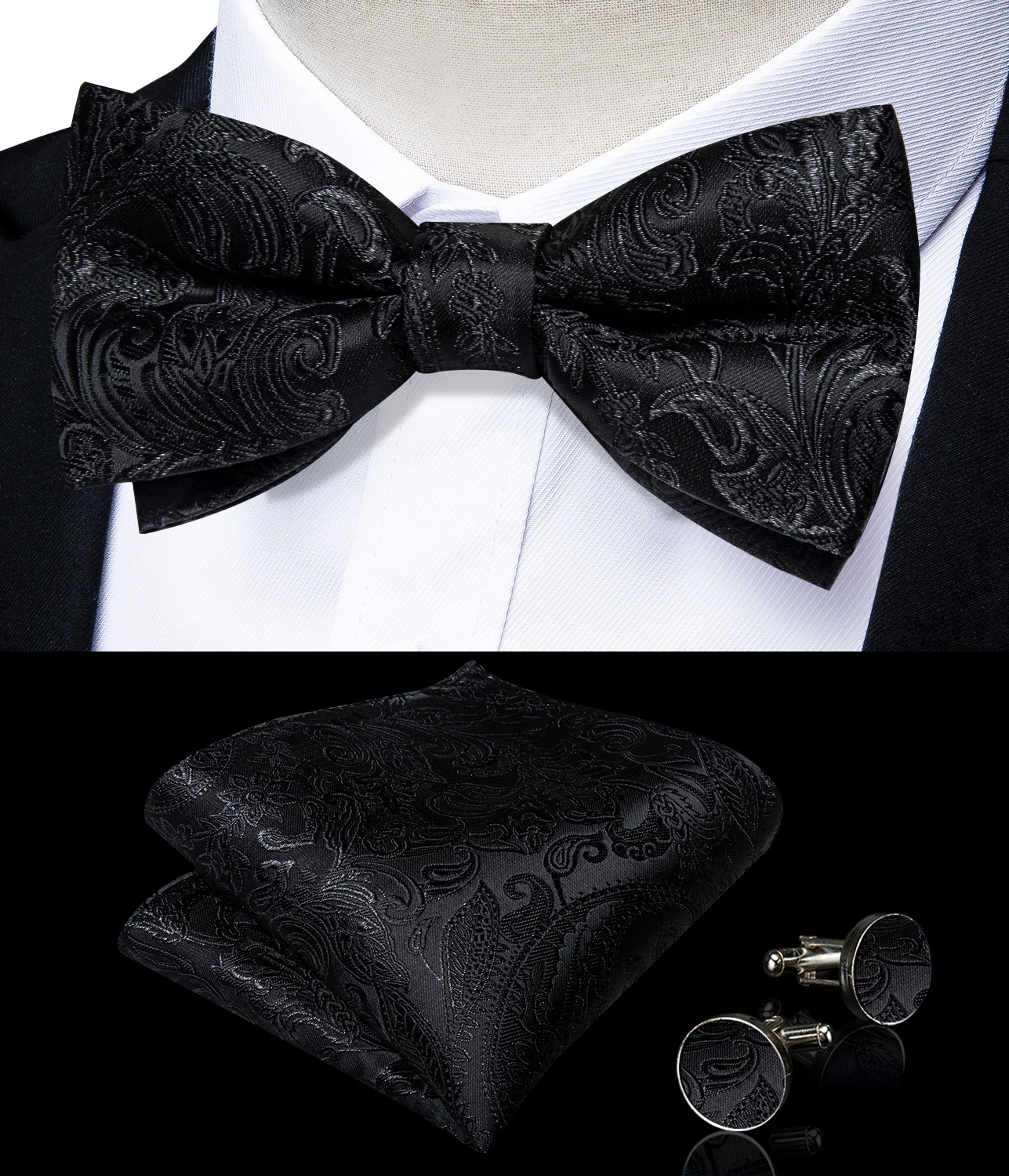 Men's Black Adjustable Suspenders Pre-tied Bowtie Pocket Sqaure Cufflinks Fashion 6 Mental Clips Jacquard Paisley Strapes