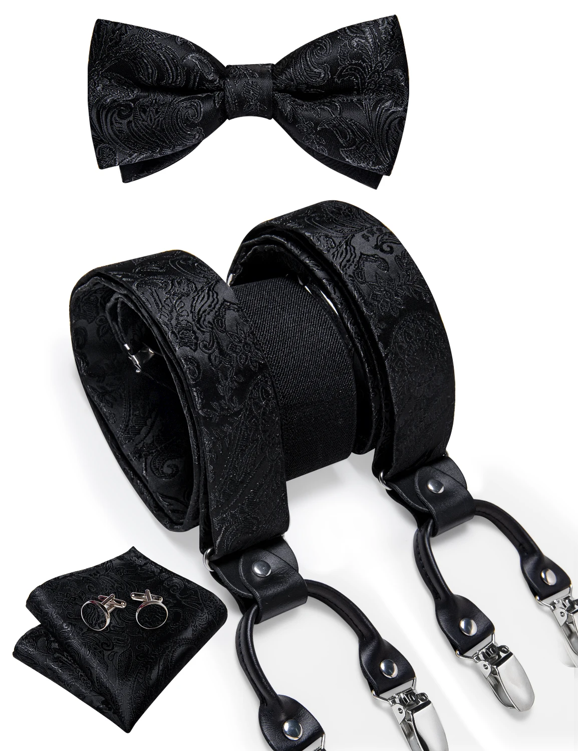 Men's Black Adjustable Suspenders Pre-tied Bowtie Pocket Sqaure Cufflinks Fashion 6 Mental Clips Jacquard Paisley Strapes