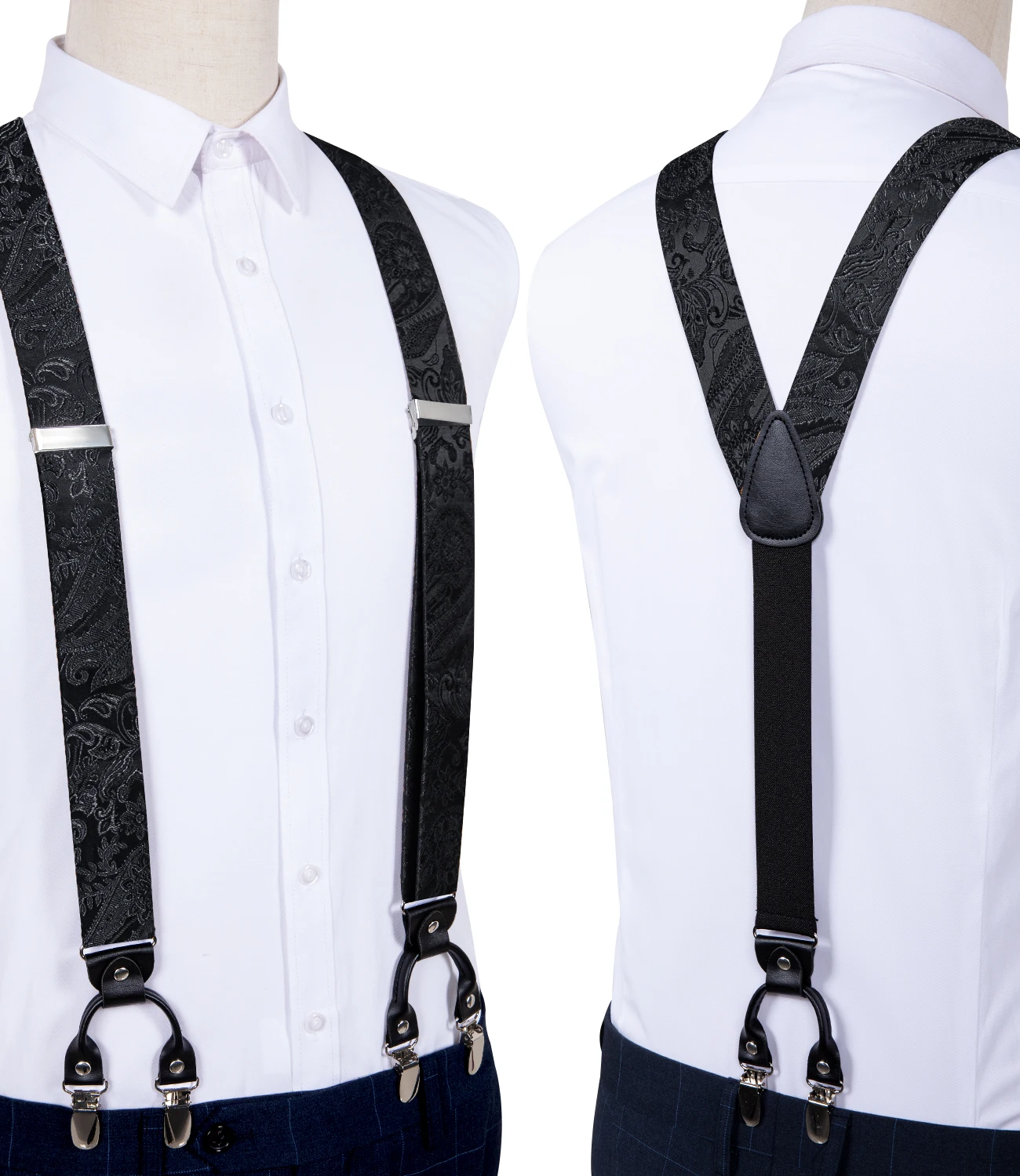 Men's Black Adjustable Suspenders Pre-tied Bowtie Pocket Sqaure Cufflinks Fashion 6 Mental Clips Jacquard Paisley Strapes