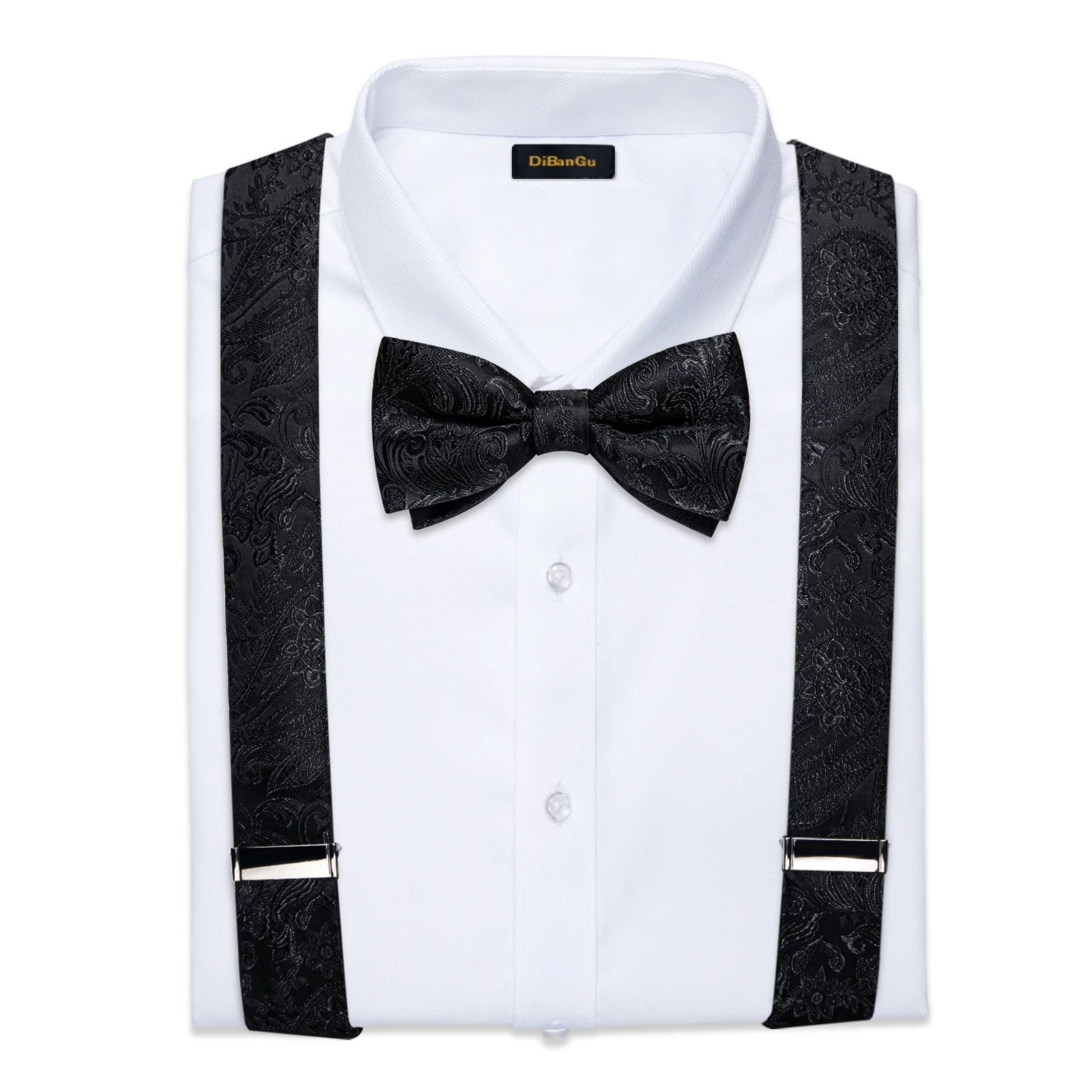 Men's Black Adjustable Suspenders Pre-tied Bowtie Pocket Sqaure Cufflinks Fashion 6 Mental Clips Jacquard Paisley Strapes