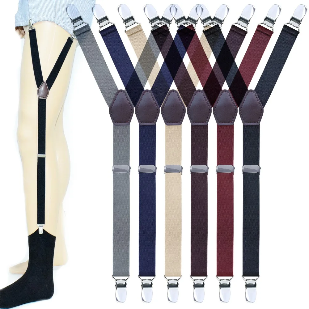 1 Pair Men's Shirt Holders Stays Y-Shaped Adjustable Elastic Leg Suspenders Straps Non-slip 3 Metal Clips Sock Garter Clamps