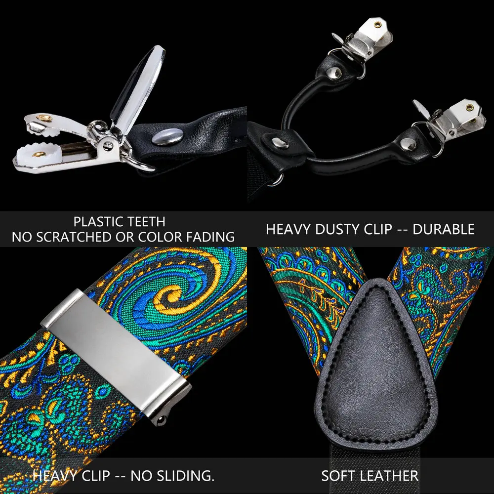 Fashion Paisley Green Silk Men Suspender Bowtie Handkerchief Cufflinks Set Y-Shape 6 Clips Party Wedding Business Barry.Wang