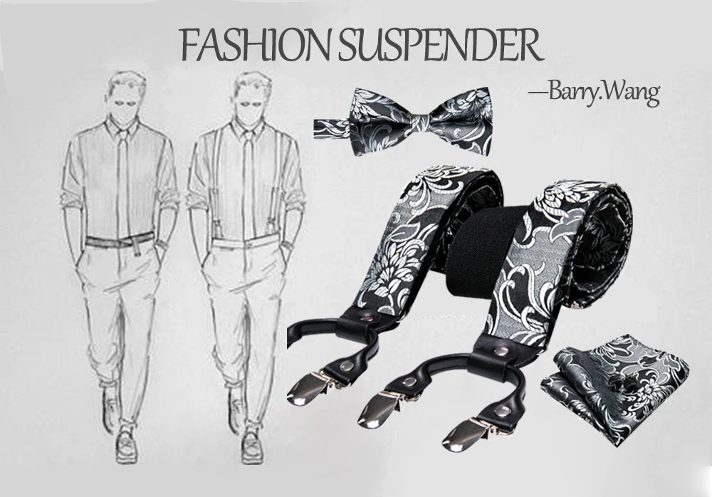 Fashion Paisley Green Silk Men Suspender Bowtie Handkerchief Cufflinks Set Y-Shape 6 Clips Party Wedding Business Barry.Wang