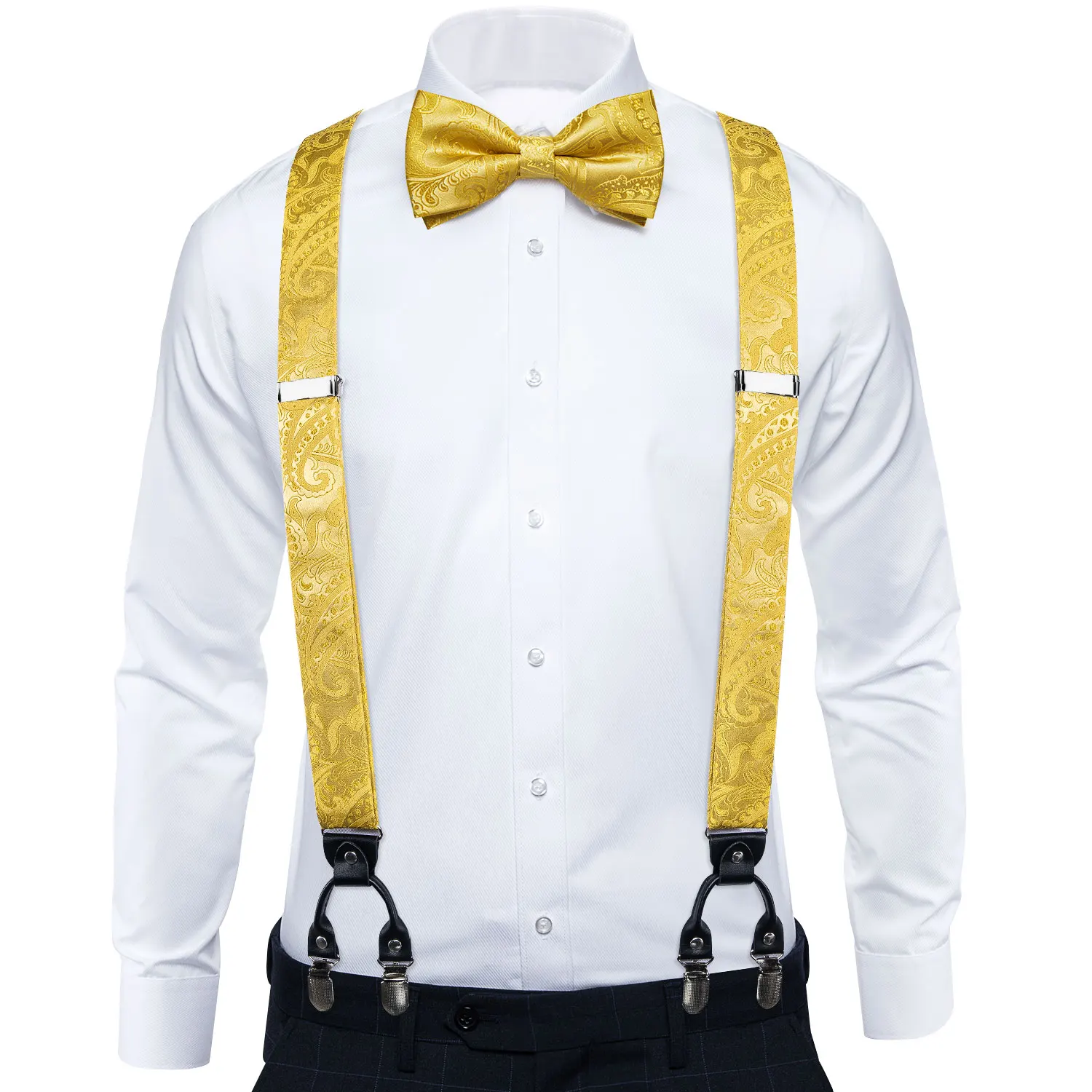 DiBanGu Fashion Wedding Party Suspeder for Man Adjustable Braces Bowtie Handkerchief Metal Clips Y back Elastic Wide Strap Sets