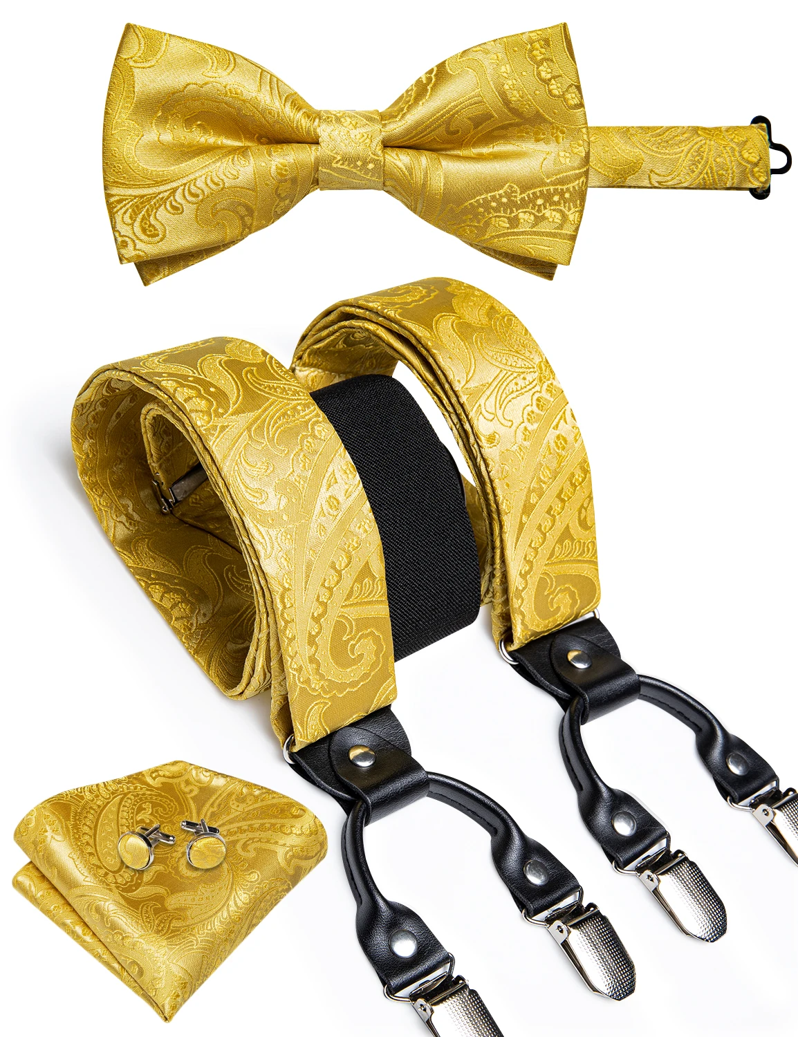 DiBanGu Fashion Wedding Party Suspeder for Man Adjustable Braces Bowtie Handkerchief Metal Clips Y back Elastic Wide Strap Sets