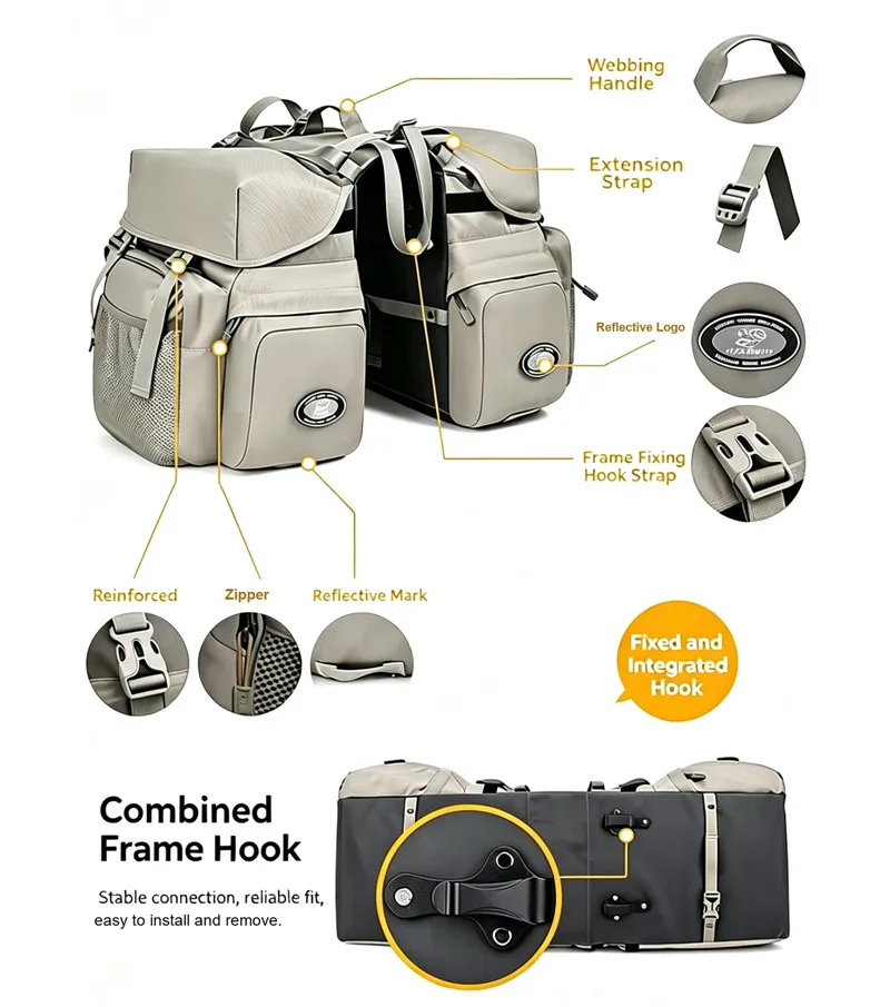 Bicycle Bag 50L Nylon Bike Bag Rear Rack Trunk Bike Luggage Back Seat Pannier Reflective Cycling Storage Bag Bicycle Accessories