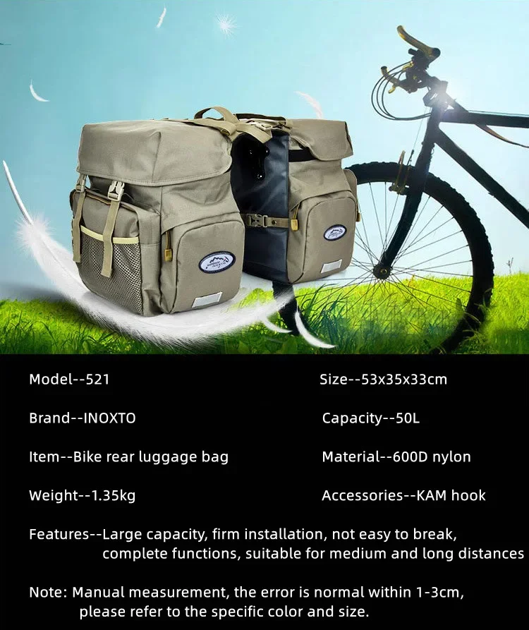 2026 Bicycle Bag 50L Nylon Bike Rear Rack Trunk Bike Luggage Back Seat Pannier Reflective Cycling Storage Bicycle Accessories