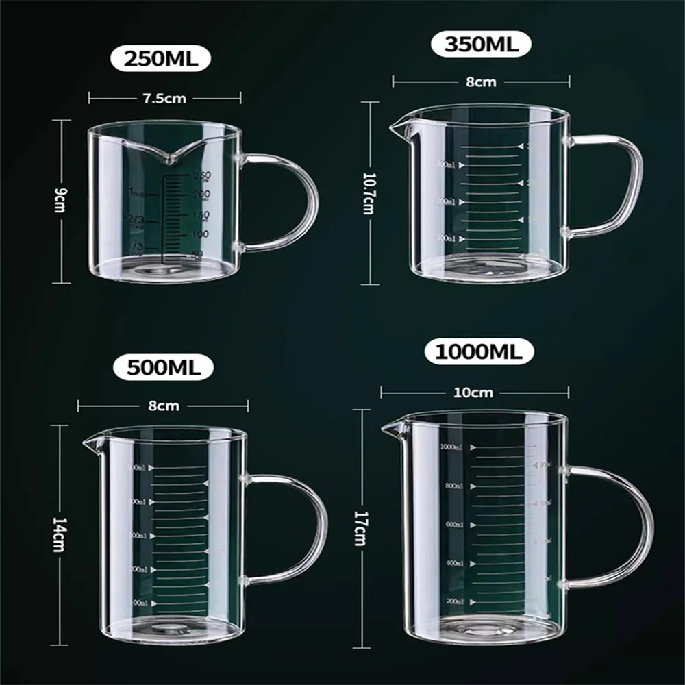 250/350/500/1000ml Glass Measuring Cup With Handle 1pc High Borosilicate Glass Milk Coffe Measuring Mug Heat-resistant Cup