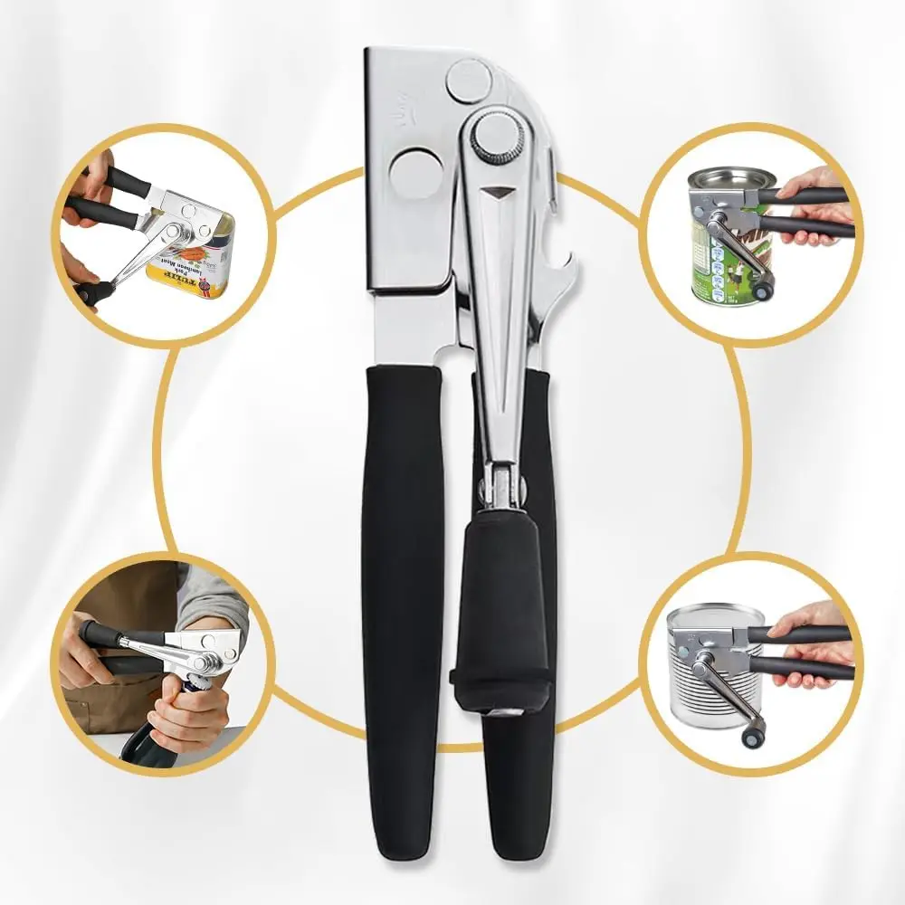 Manual 360 Degree Rotation Stainless Steel Can And Bottle Opener With Single Handle Side Opening Multi Purpose For Easy Opening