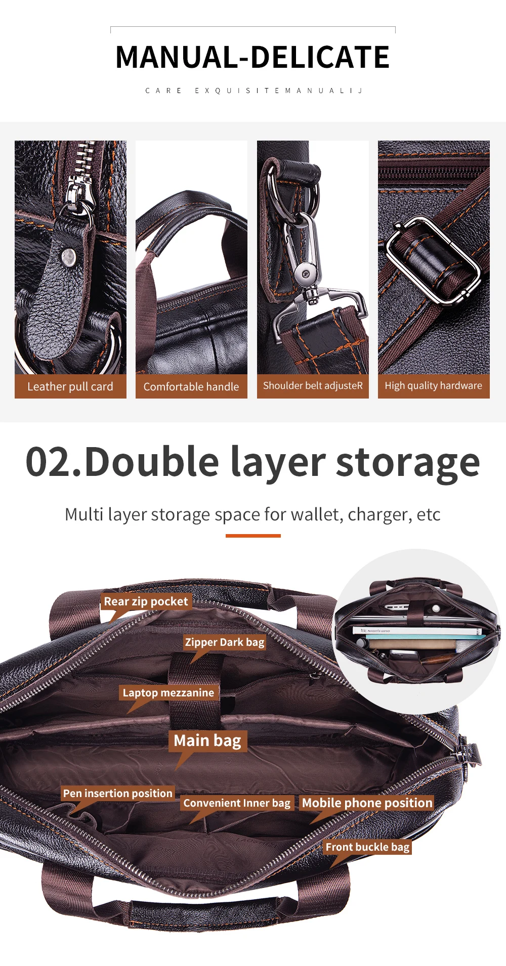 Leather Men's Briefcase, Large Capacity Business Office Bag, Cowhide Computer Bag, Can Be Carried by Hand or Shoulder