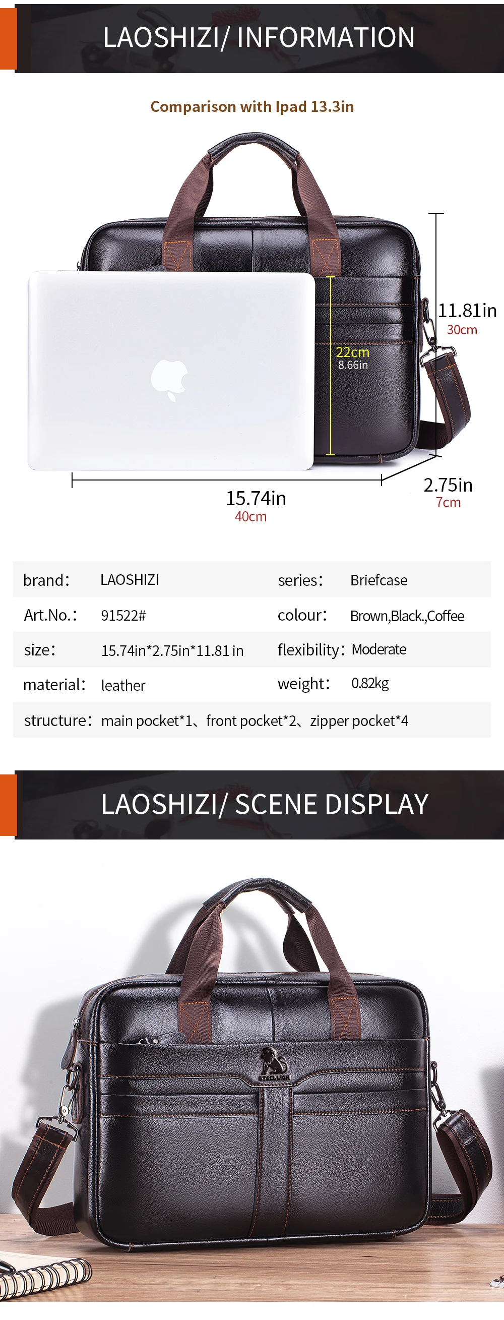 Leather Men's Briefcase, Large Capacity Business Office Bag, Cowhide Computer Bag, Can Be Carried by Hand or Shoulder
