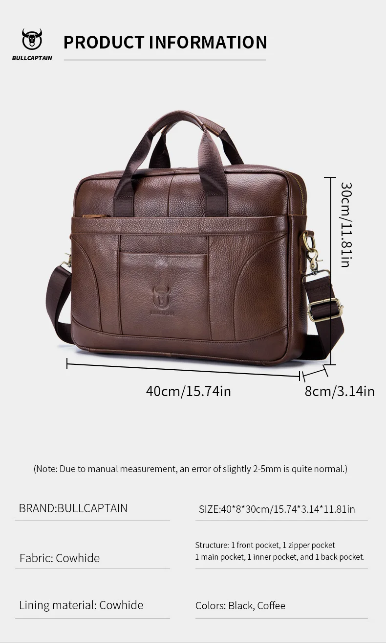BULLCAPTAIN Men Briefcase Famous Brand Leather Shoulder Messenger Bags Office Handbag 14 Inch Laptop Bag High Quality