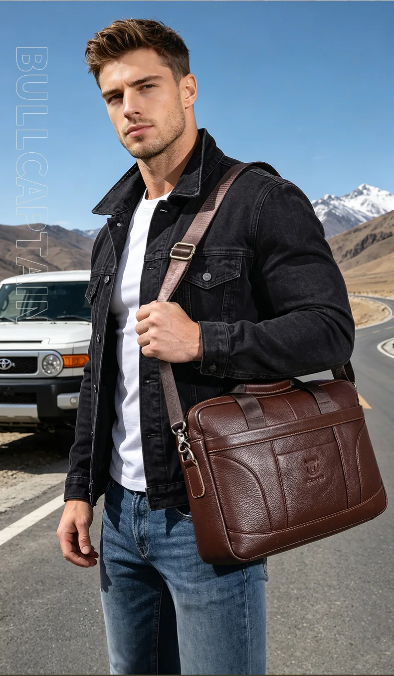 BULLCAPTAIN Men Briefcase Famous Brand Leather Shoulder Messenger Bags Office Handbag 14 Inch Laptop Bag High Quality