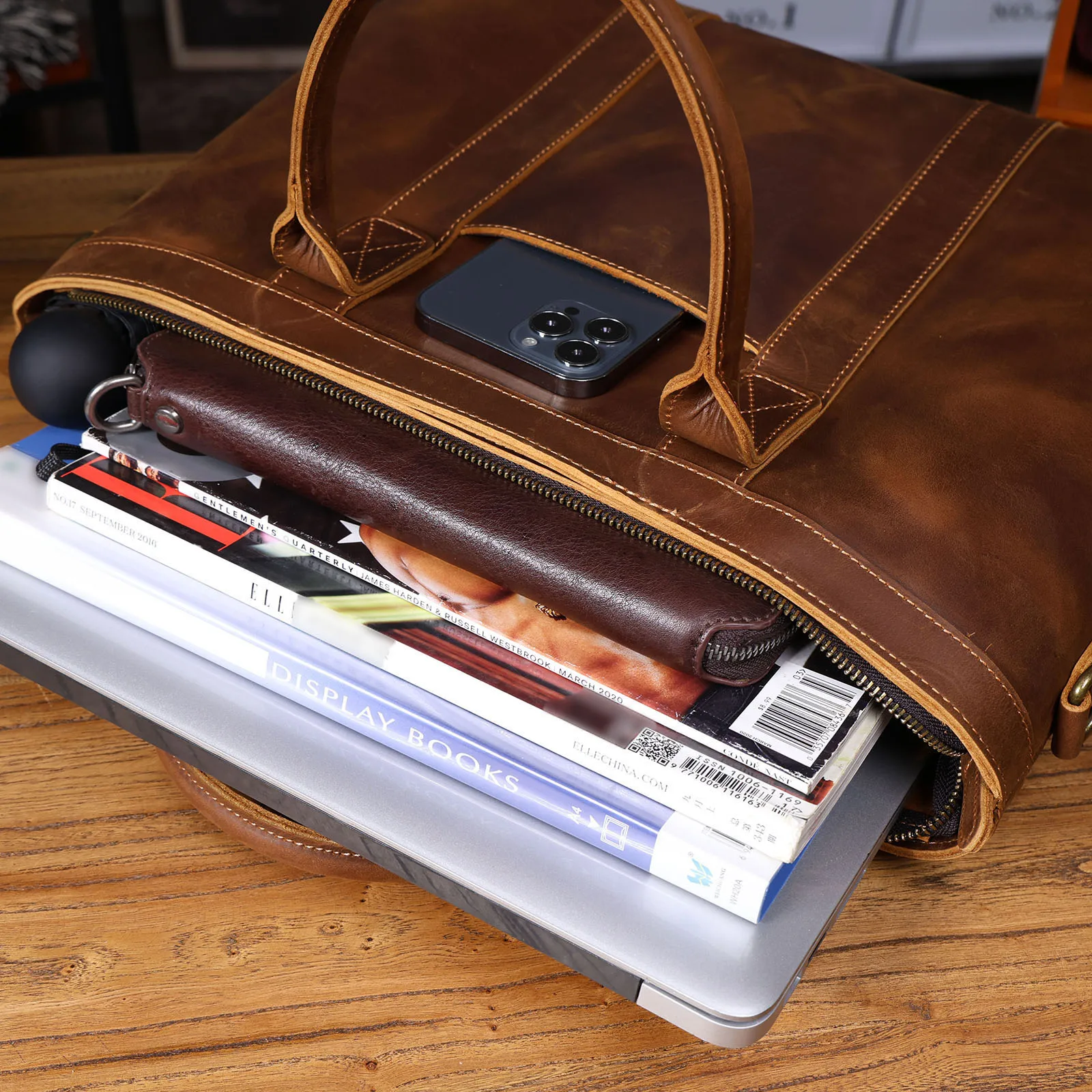 Vintage Genuine Leather Men's Briefcase 16" Laptop Bags Crazy Horse Leather Messenger Handbag Cowhide Idea Gift For Men