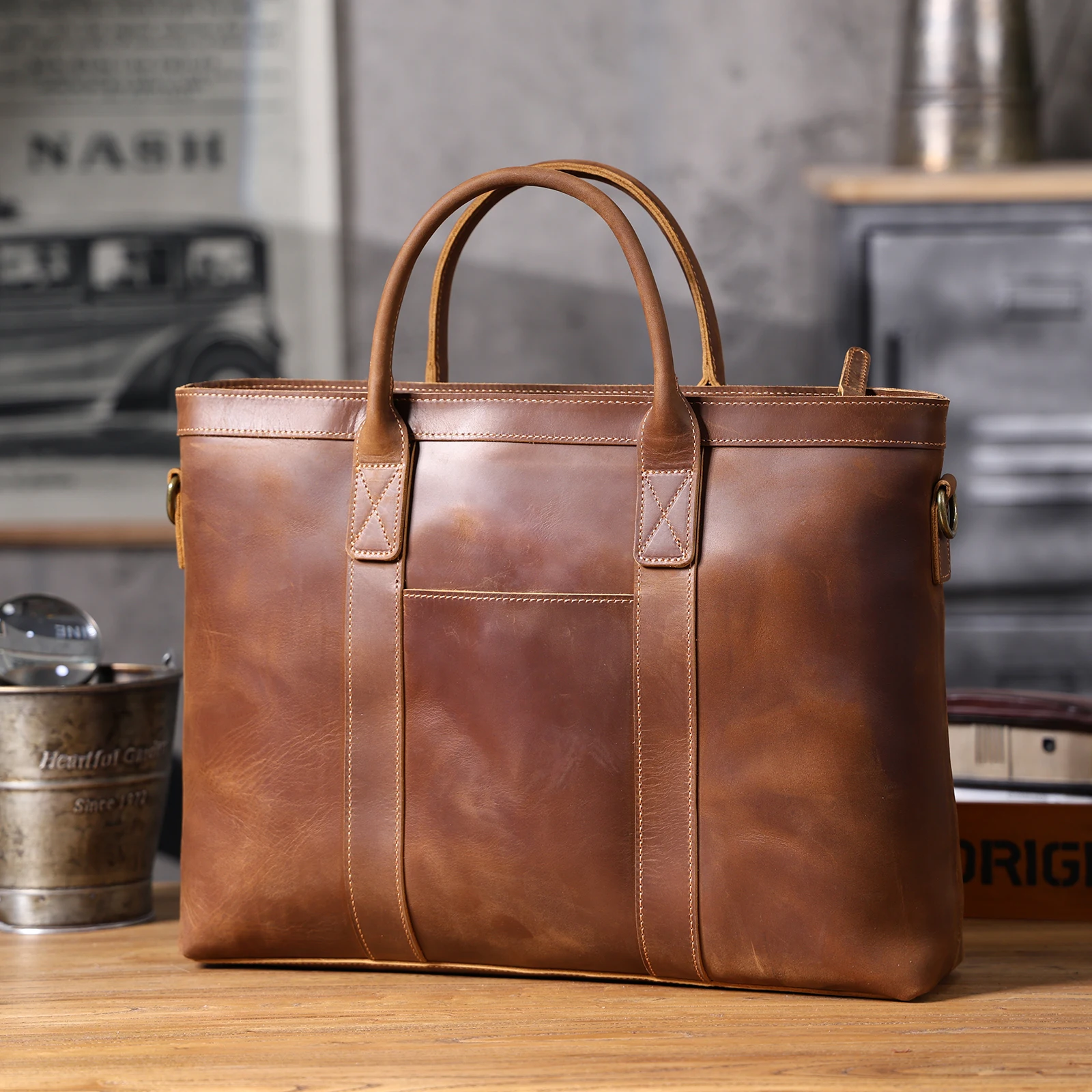 Vintage Genuine Leather Men's Briefcase 16" Laptop Bags Crazy Horse Leather Messenger Handbag Cowhide Idea Gift For Men