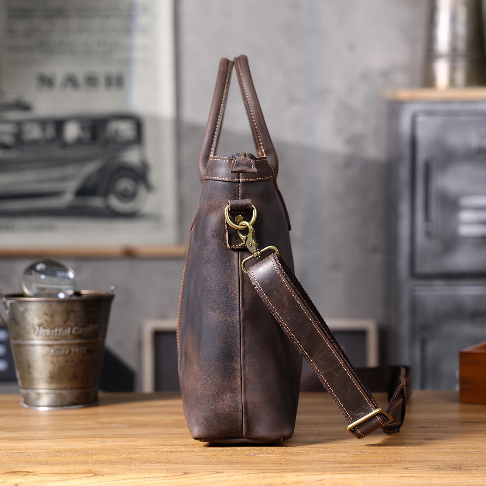 Vintage Genuine Leather Men's Briefcase 16" Laptop Bags Crazy Horse Leather Messenger Handbag Cowhide Idea Gift For Men
