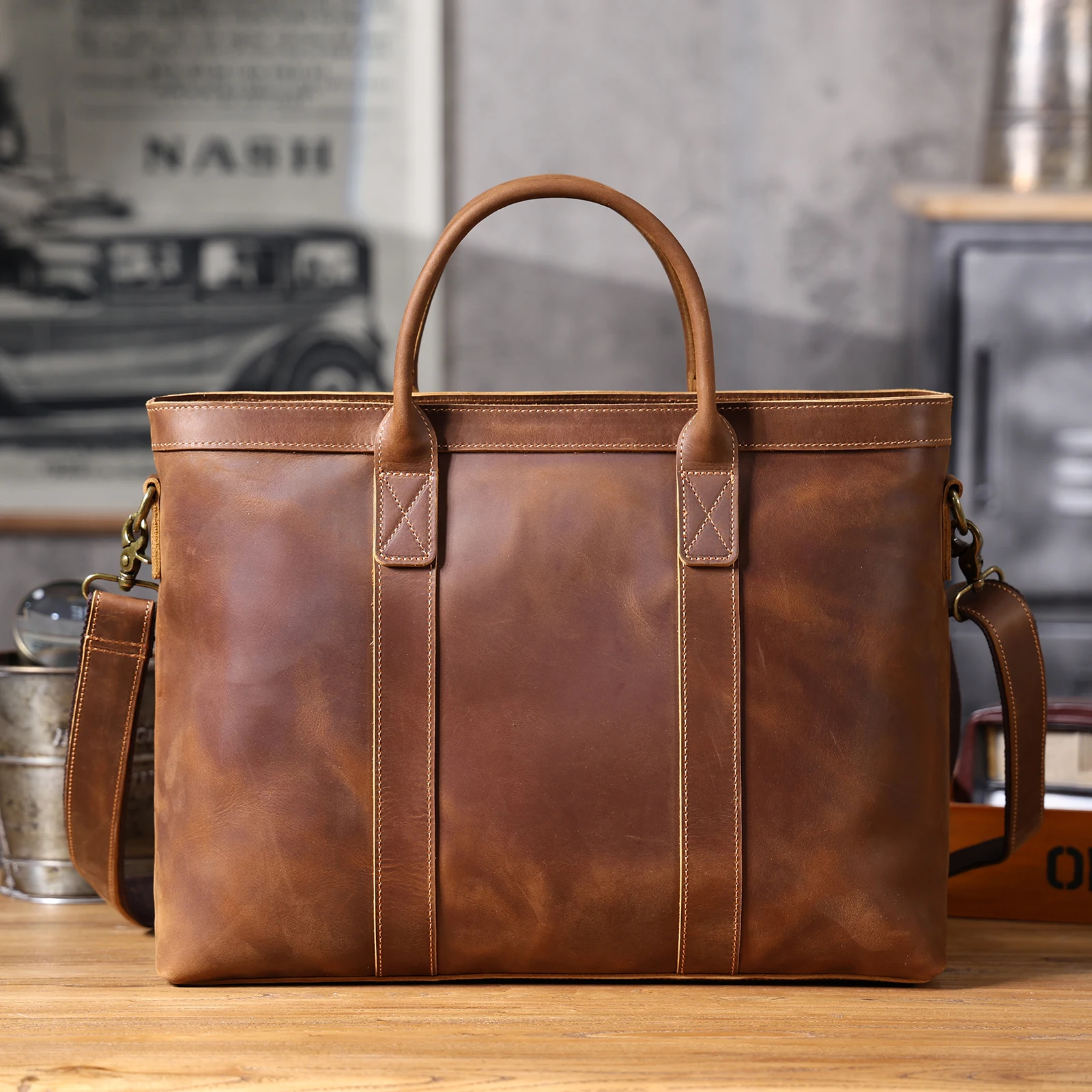 Vintage Genuine Leather Men's Briefcase 16" Laptop Bags Crazy Horse Leather Messenger Handbag Cowhide Idea Gift For Men
