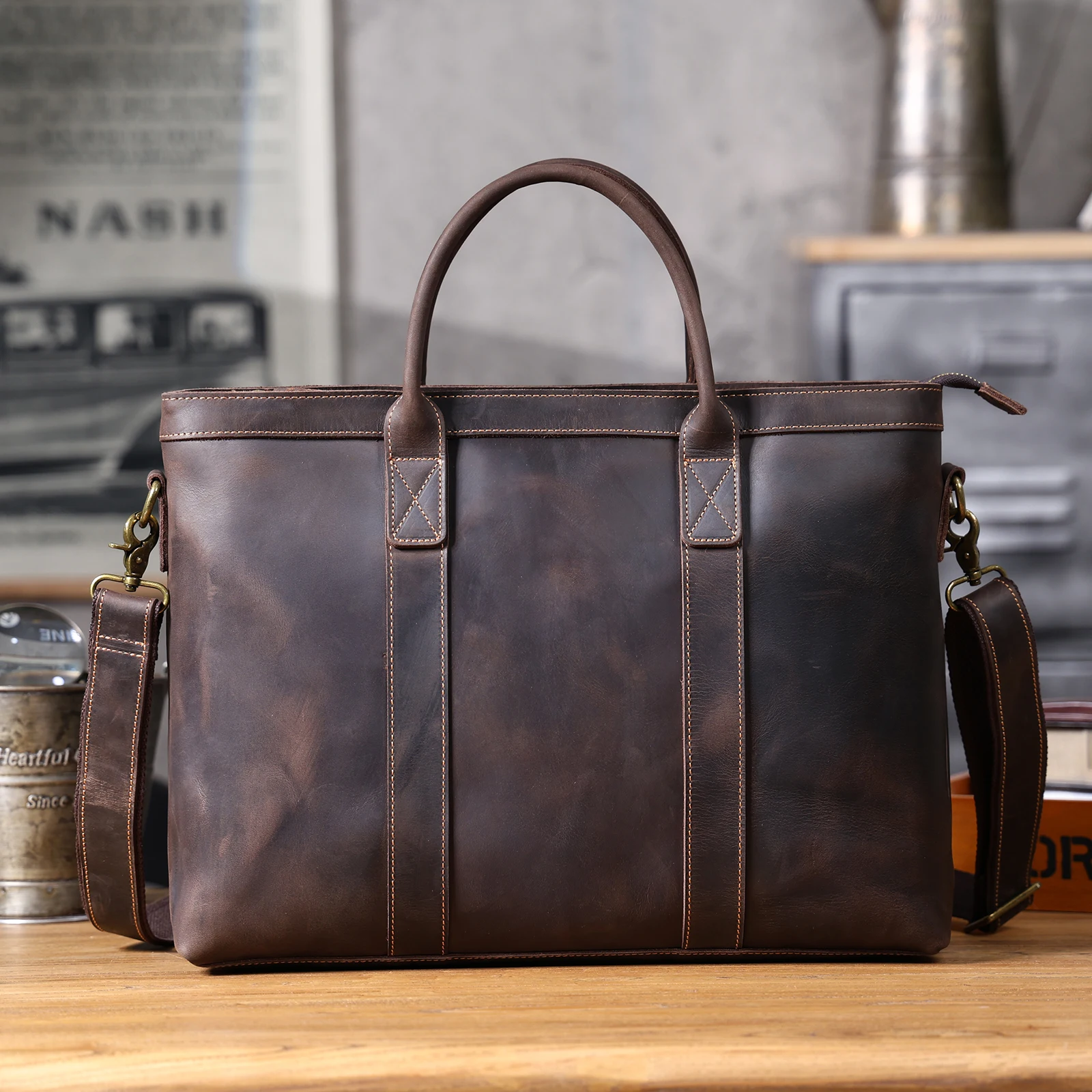 Vintage Genuine Leather Men's Briefcase 16" Laptop Bags Crazy Horse Leather Messenger Handbag Cowhide Idea Gift For Men