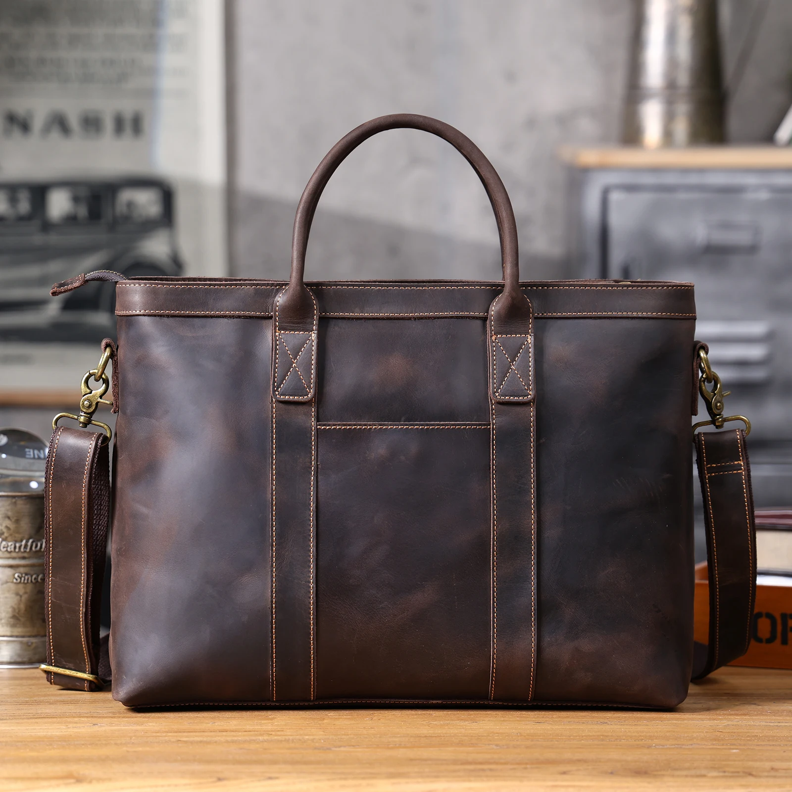 Vintage Genuine Leather Men's Briefcase 16" Laptop Bags Crazy Horse Leather Messenger Handbag Cowhide Idea Gift For Men