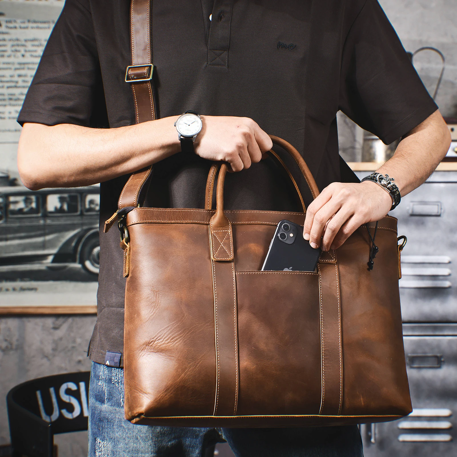 Vintage Genuine Leather Men's Briefcase 16" Laptop Bags Crazy Horse Leather Messenger Handbag Cowhide Idea Gift For Men