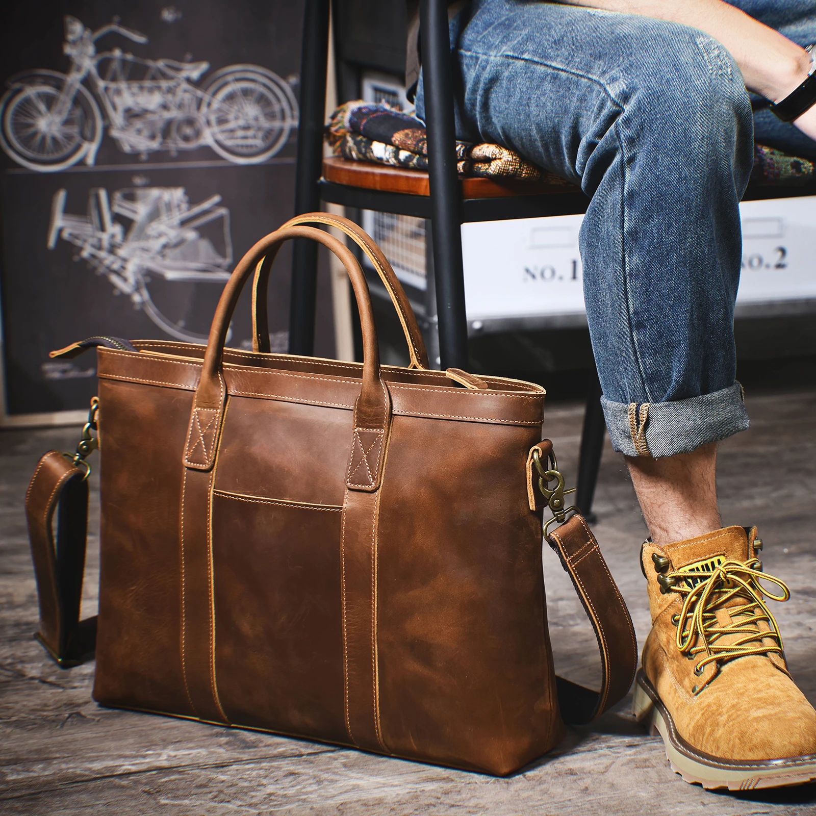 Vintage Genuine Leather Men's Briefcase 16" Laptop Bags Crazy Horse Leather Messenger Handbag Cowhide Idea Gift For Men