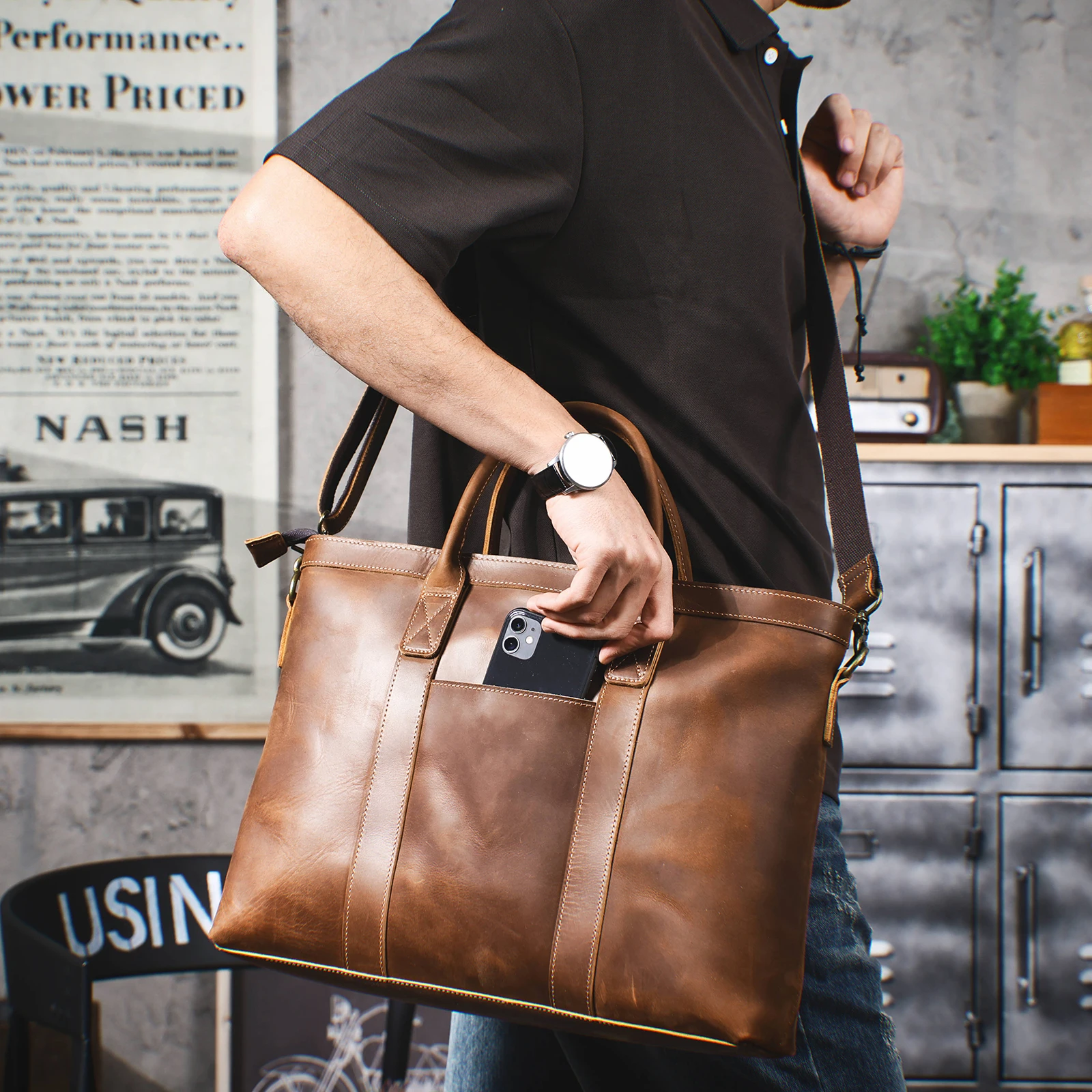 Vintage Genuine Leather Men's Briefcase 16" Laptop Bags Crazy Horse Leather Messenger Handbag Cowhide Idea Gift For Men