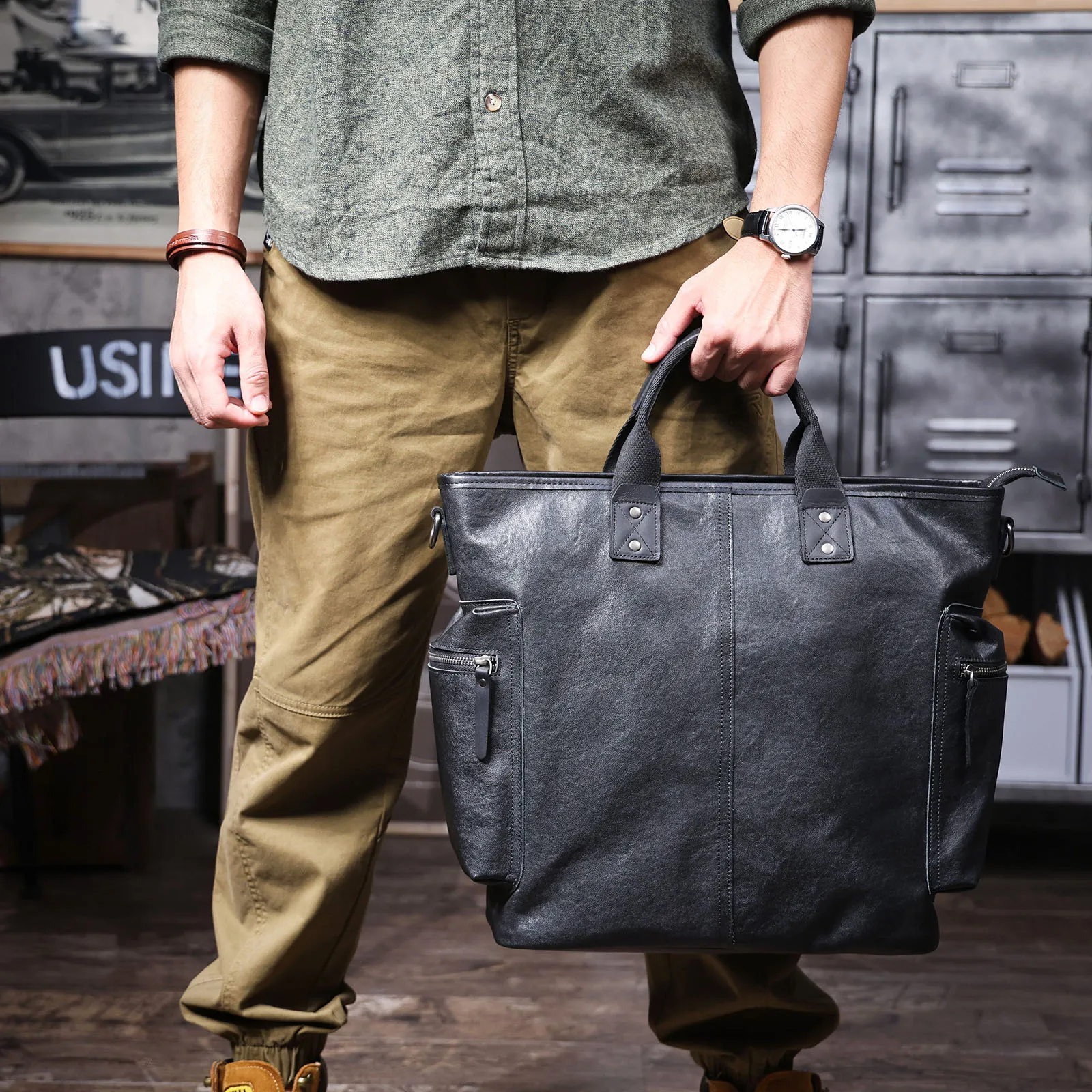 Genuine Leather Men's Brifecase 15 Inch Laptop Bags Simple Cowhide HandBag Vegetable-tanned Leather Fashion Casual Style