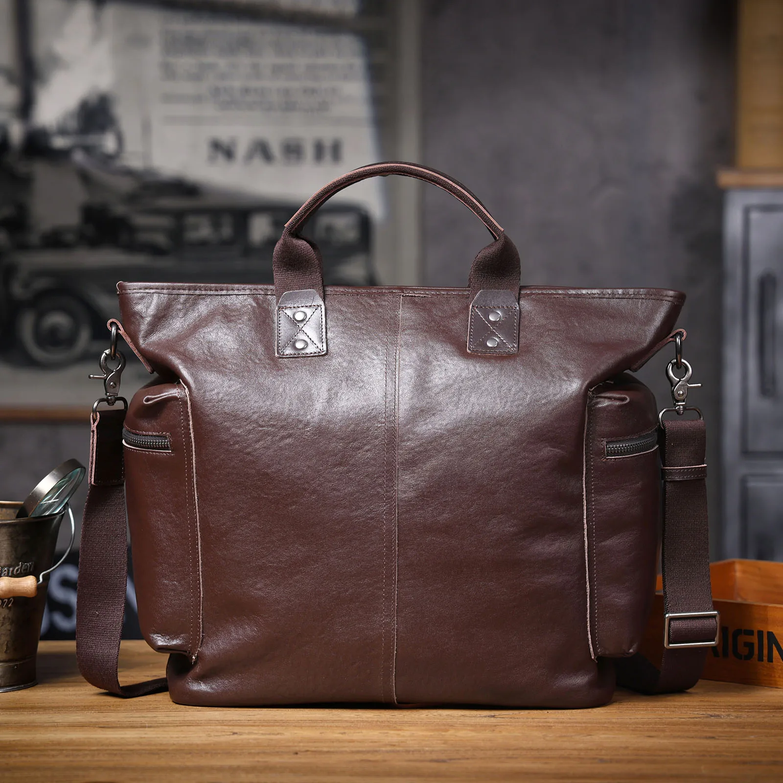 Genuine Leather Men's Brifecase 15 Inch Laptop Bags Simple Cowhide HandBag Vegetable-tanned Leather Fashion Casual Style