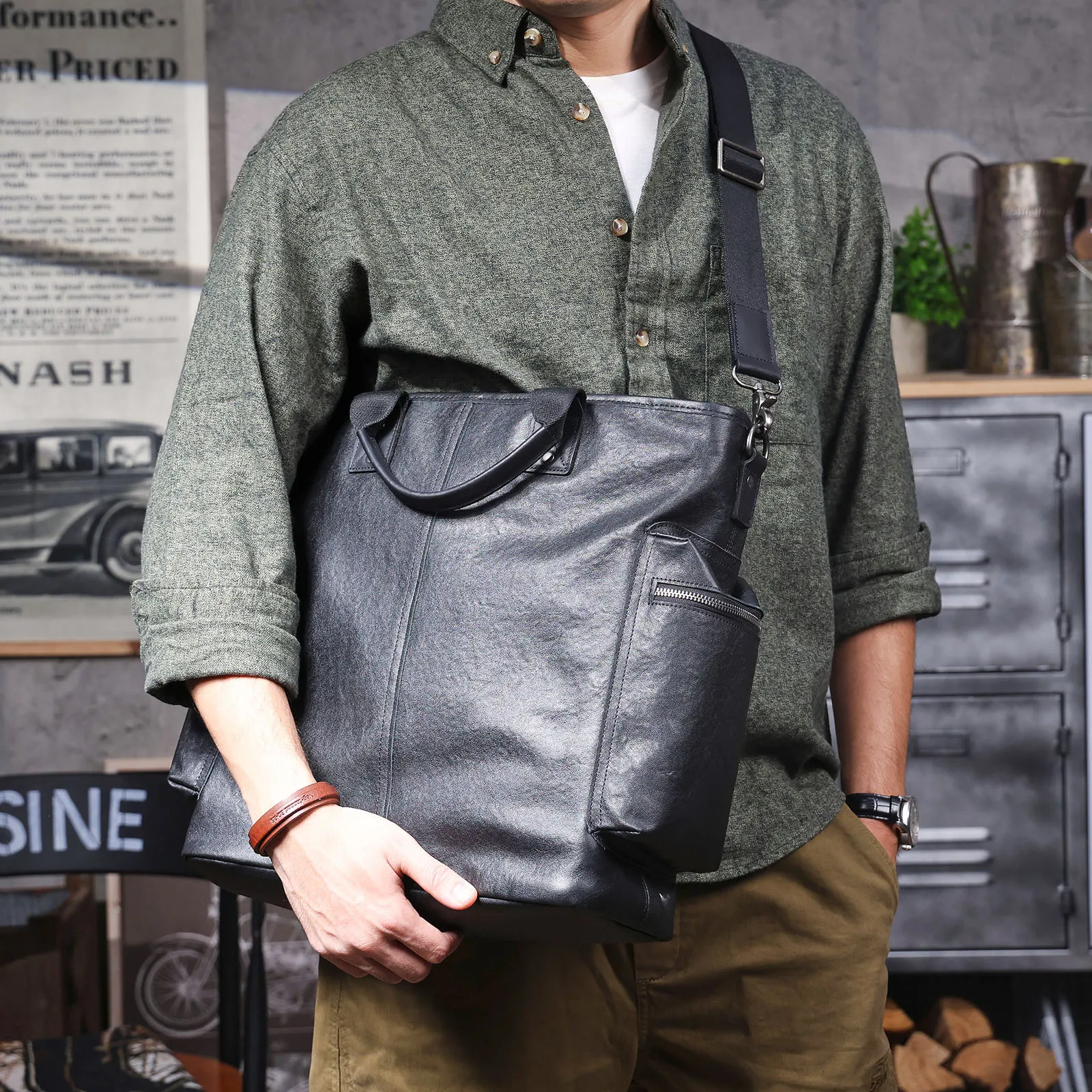 Genuine Leather Men's Brifecase 15 Inch Laptop Bags Simple Cowhide HandBag Vegetable-tanned Leather Fashion Casual Style