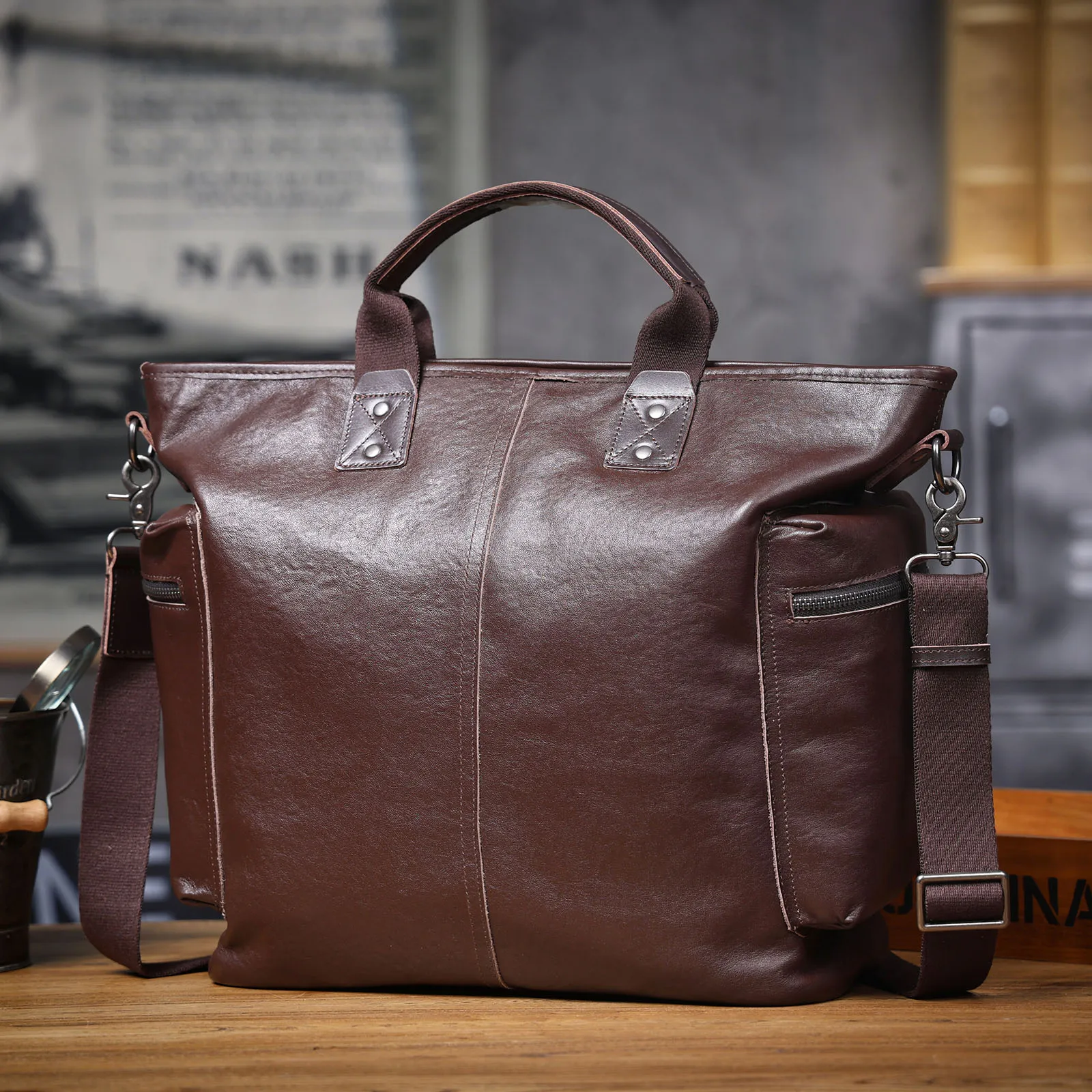 Genuine Leather Men's Brifecase 15 Inch Laptop Bags Simple Cowhide HandBag Vegetable-tanned Leather Fashion Casual Style