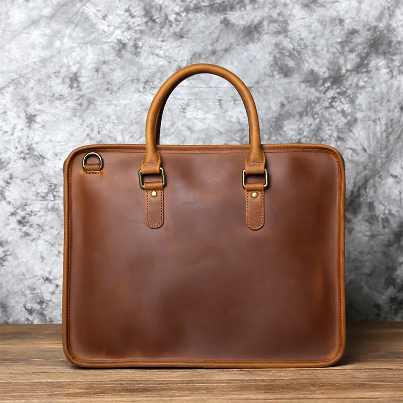 NZPJ Men's Briefcase Leather Handbag Retro Top Layer Cowhide Laptop Bag Crazy Horse Leather Shoulder Messenger Bag Luxury Bag